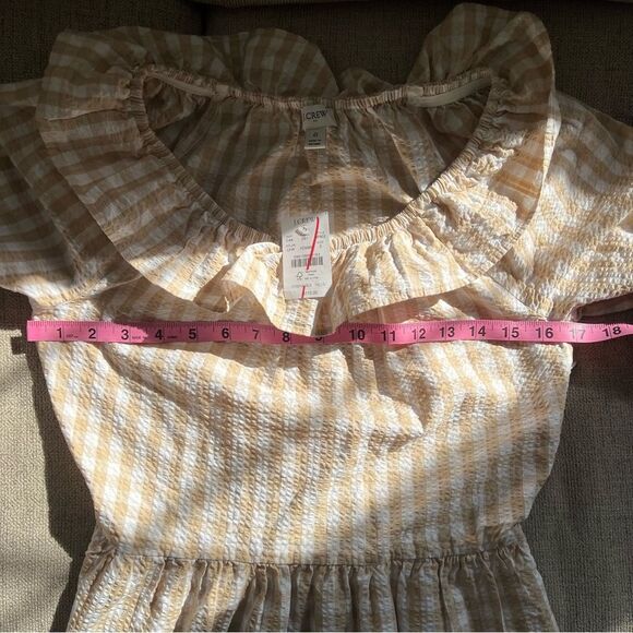 J Crew Seersucker ruffle neck mini dress Tan and White Tiered Gingham size 0 XS - Picture 12 of 12